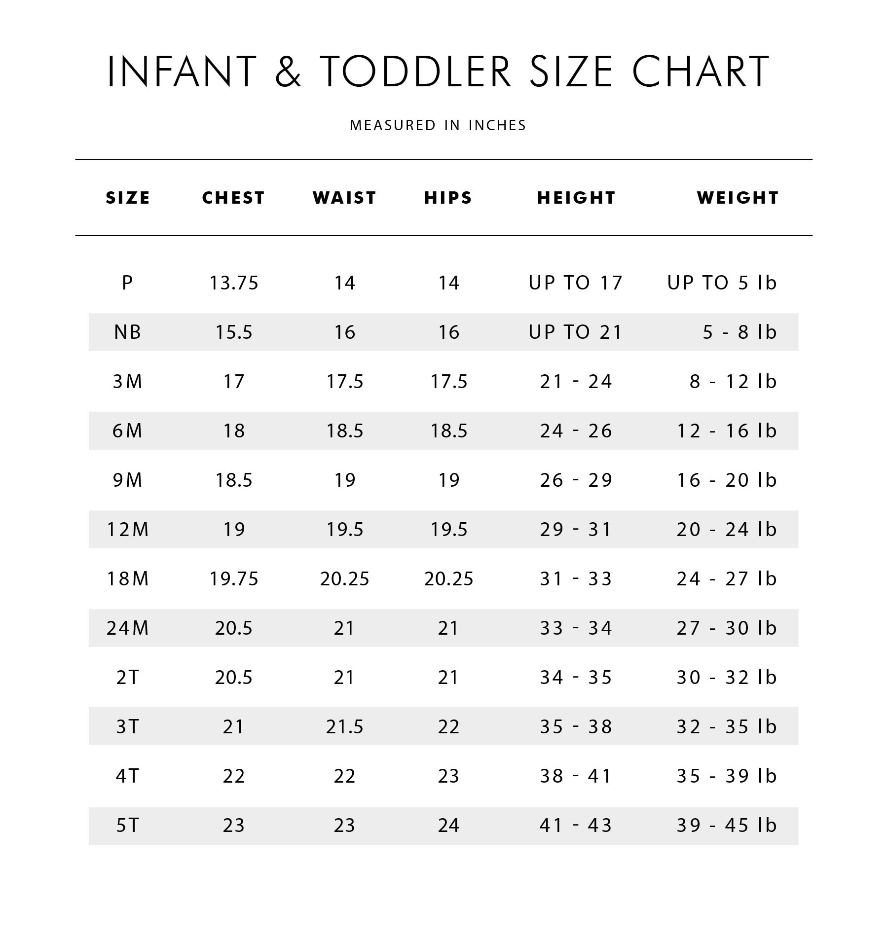 infant sizing chart